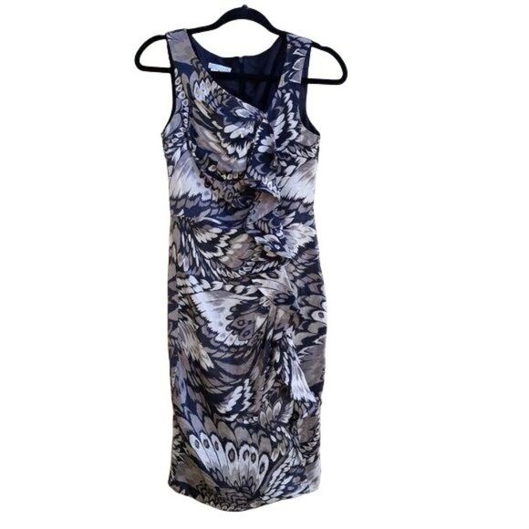90's London Times Formal Bodycon Ruched Ruffled Wing Feather Print Brown Sz 4 - Picture 2 of 11